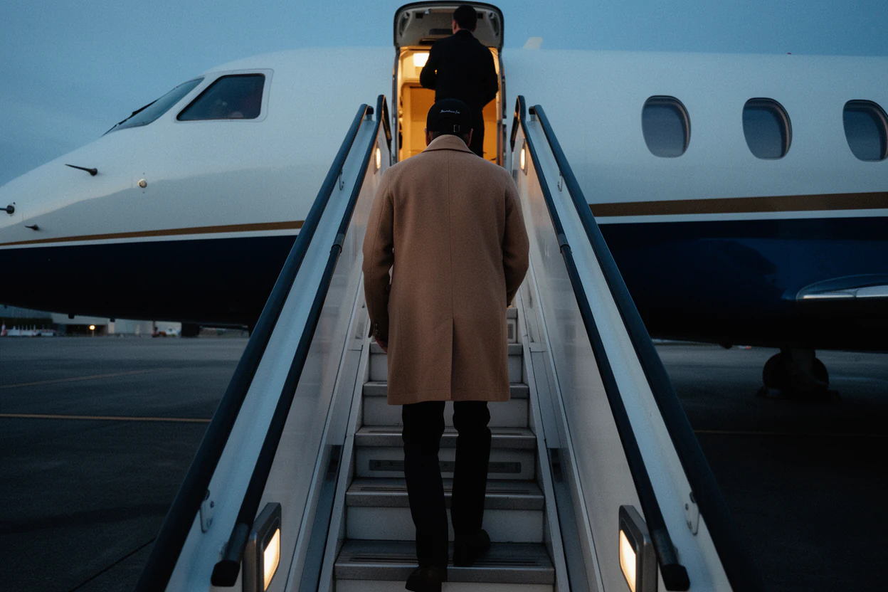 A traveller boarding a private jet at dusk