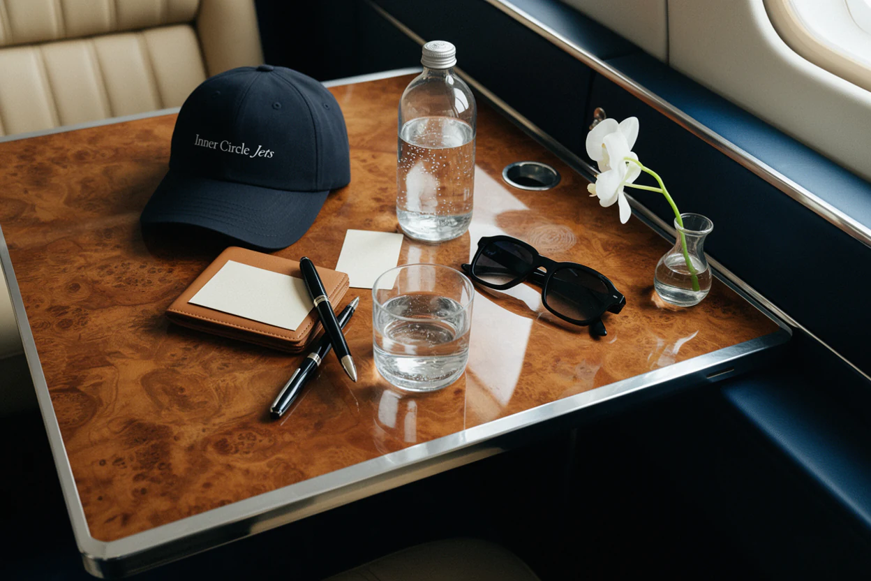 A walnut cabin table with a wallet, pen and an Inner Circle Jets cap